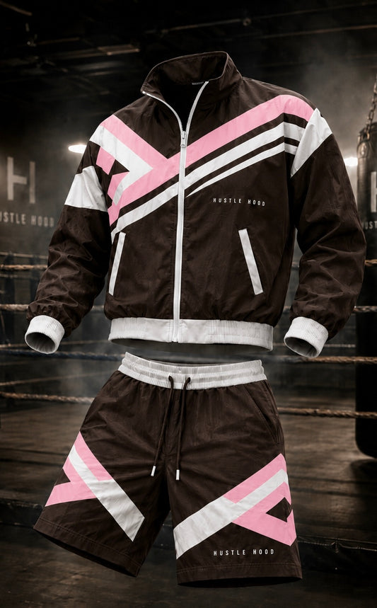 Retro Windbreaker & Shorts Set - Pink & Brown